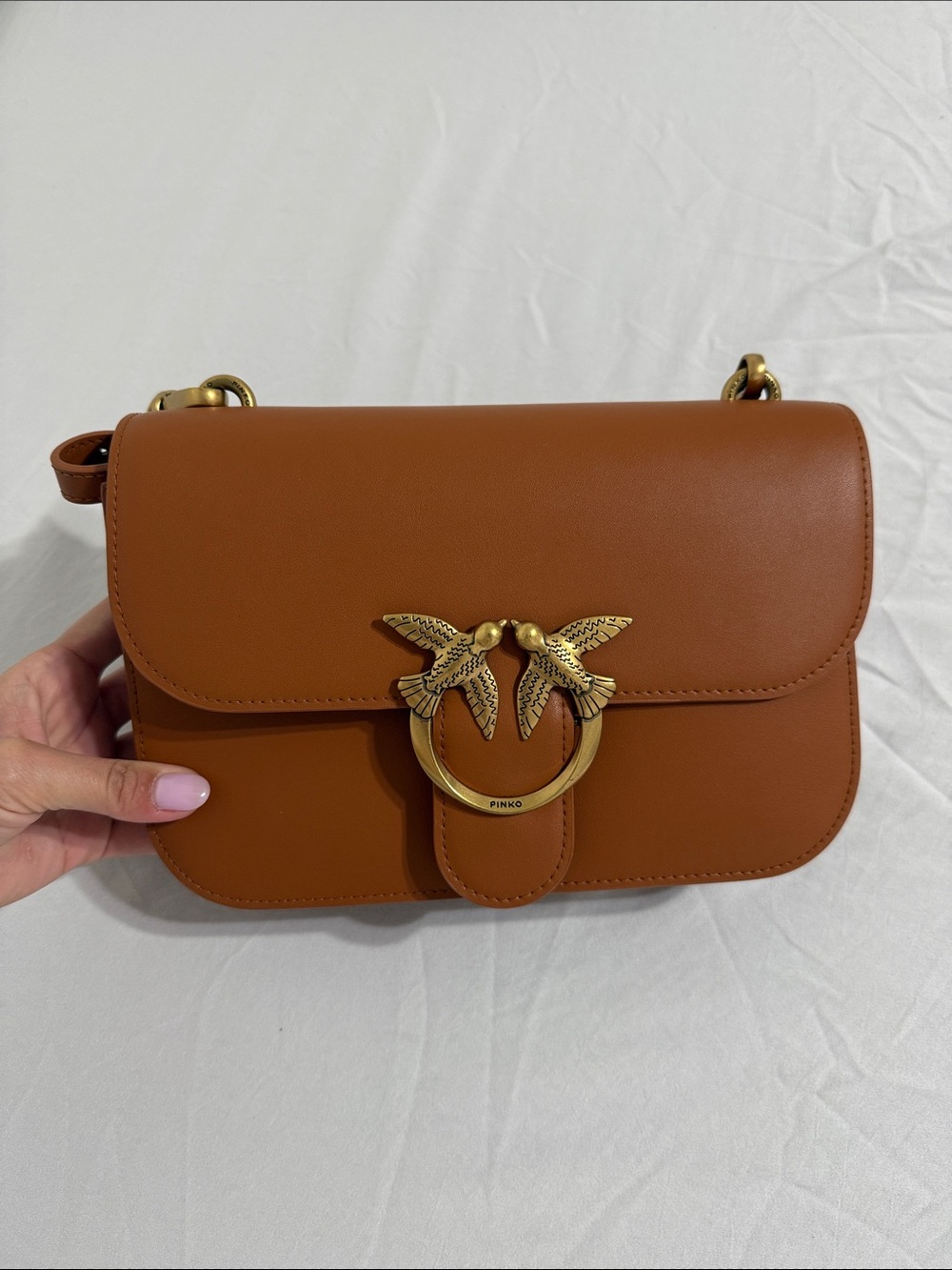 Pinko Tan Leather Crossbody with Gold Love Birds Hardware